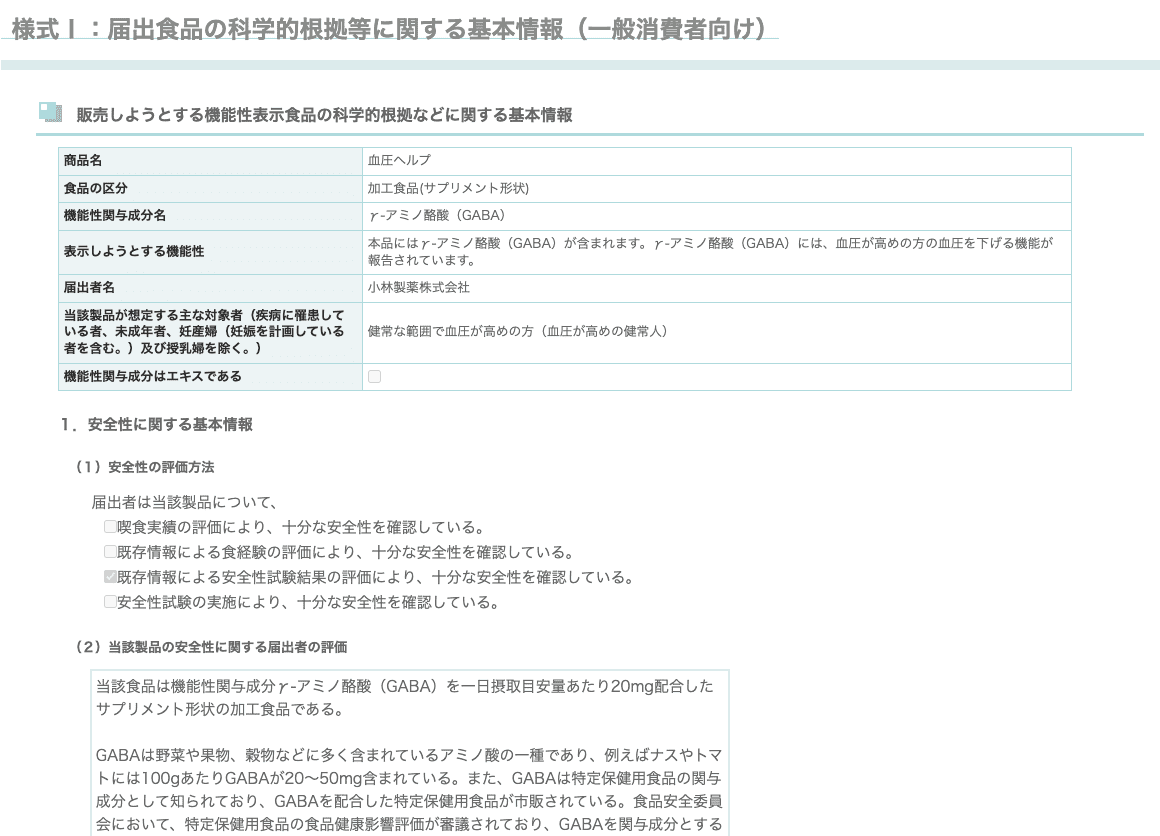 血圧ヘルプ　機能性表示食品届出情報